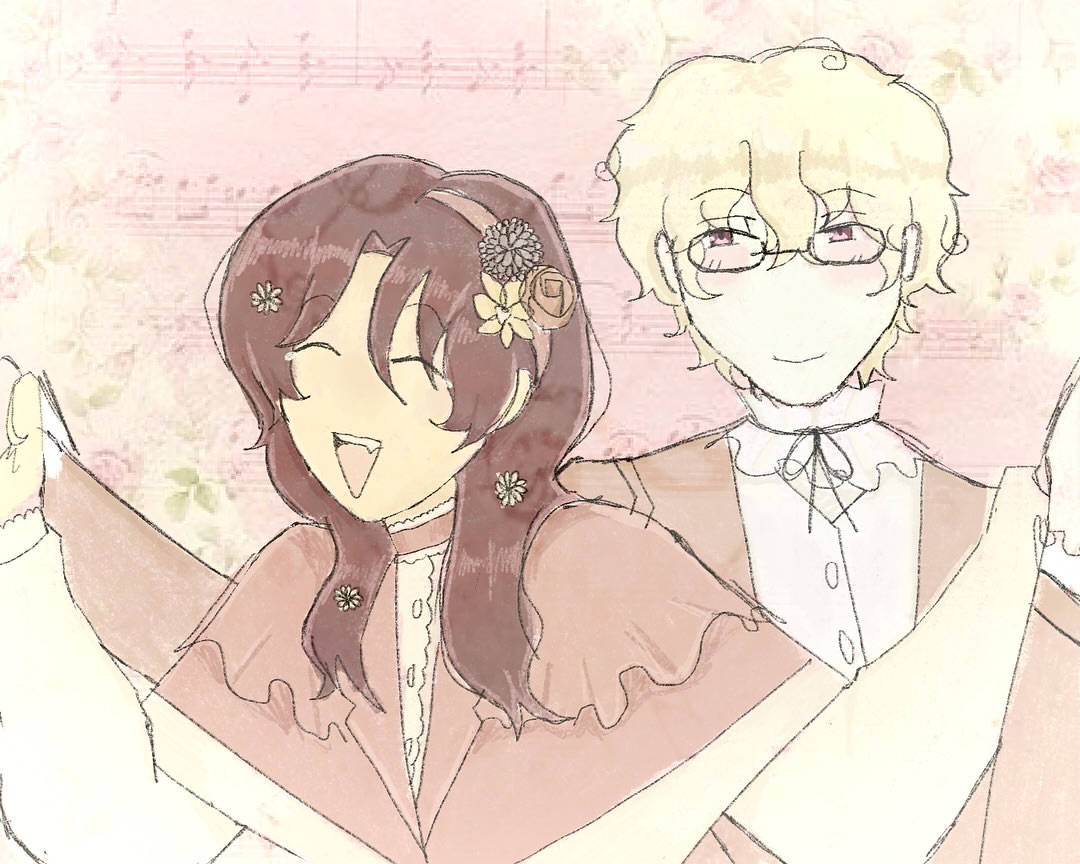 Two characters smiling happily with a pink background